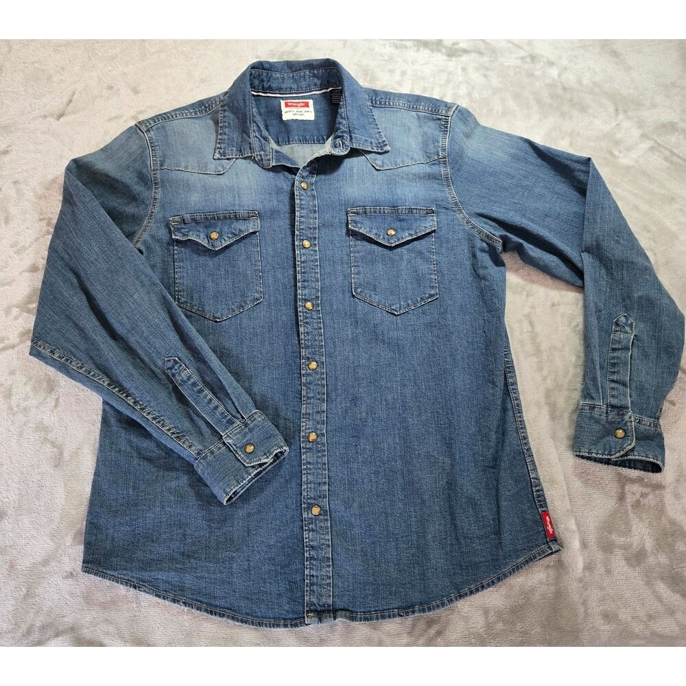 Wrangler Lrg blue Denim Shirt Mens Pearl Snap front pockets Western button down